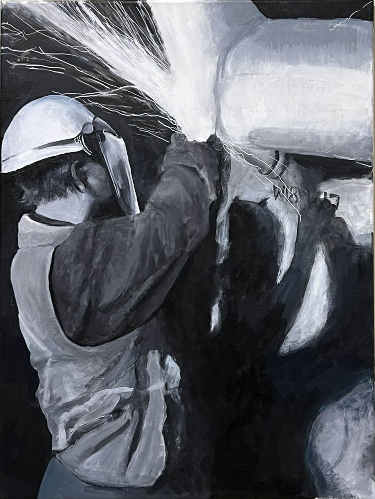 Daily Grind, $525, acrylic and mixed media on canvas, bberg4art@gmail.com